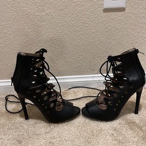 Qupid Black Open Front Lace Up Strappy High Heel Shoe.